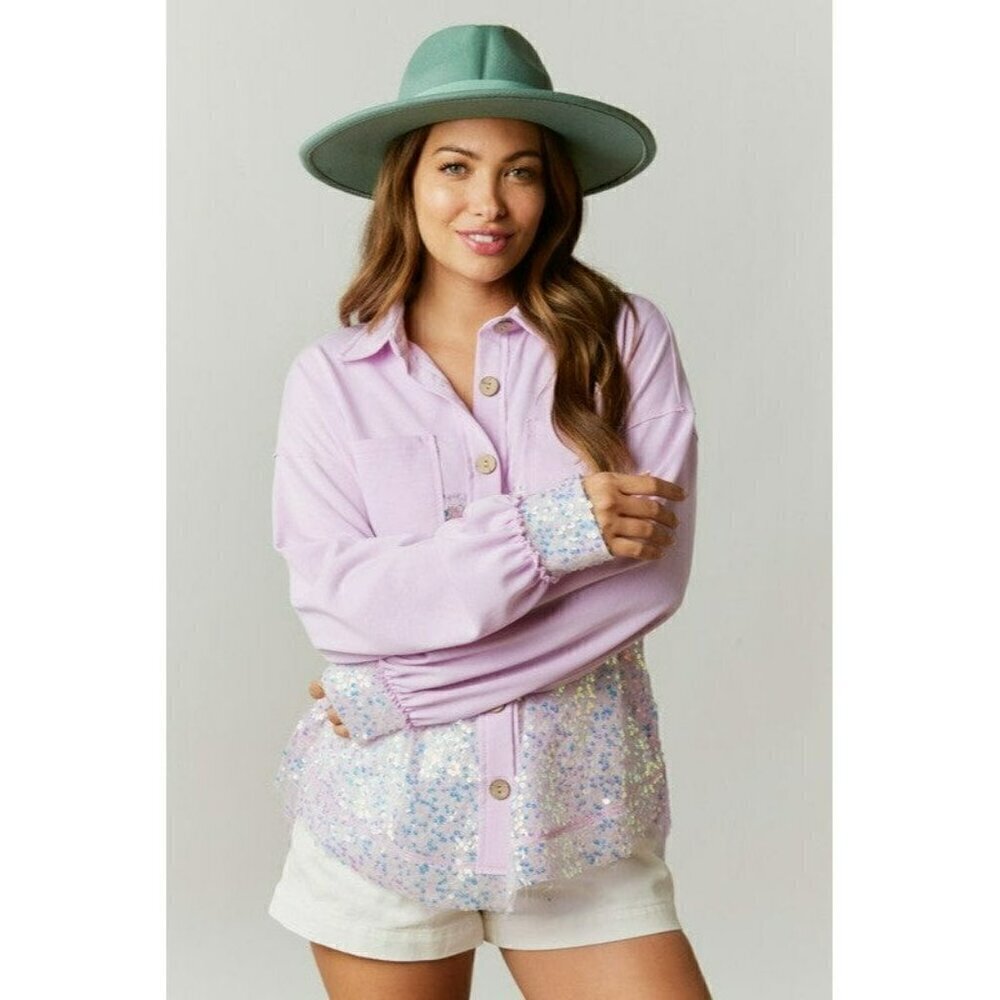 All Things Bling Sequin Contrast Color Block Shacket in Lavender - Picture 3 of 8